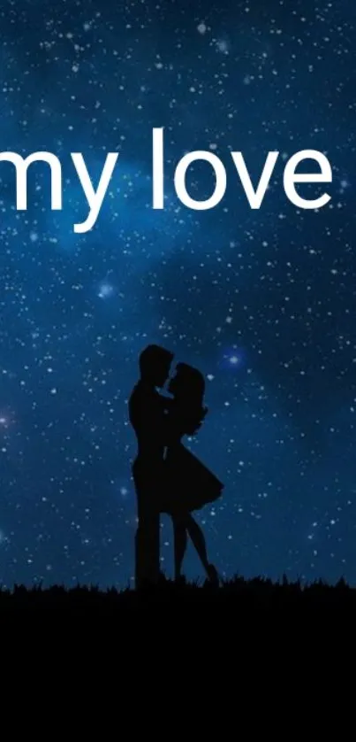 Silhouette of a couple beneath a starry night sky, captioned 'my love'.