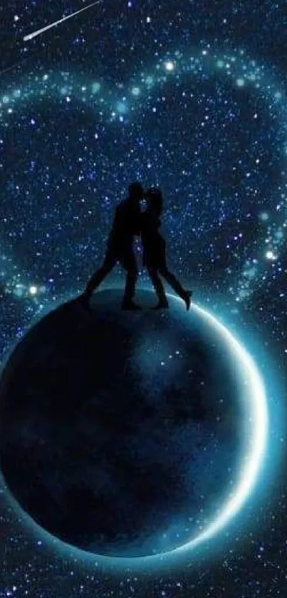 Silhouetted couple on a planet with starry heart in night sky wallpaper.