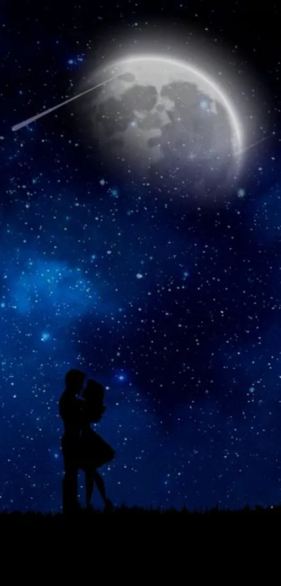 Silhouetted couple under starry night with moon.