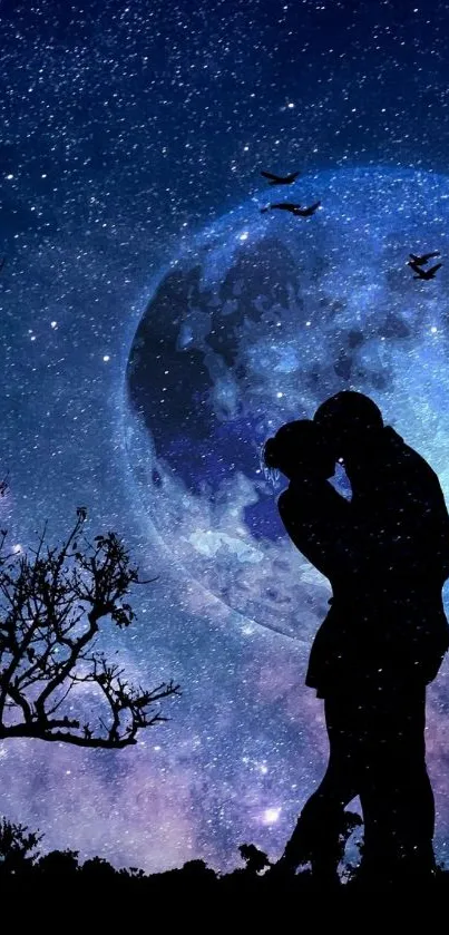 Silhouette of lovers kissing under a starry night sky with a glowing full moon.