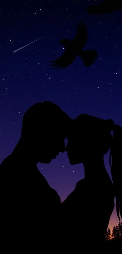 Silhouette of a couple under a starry night sky with flying birds.