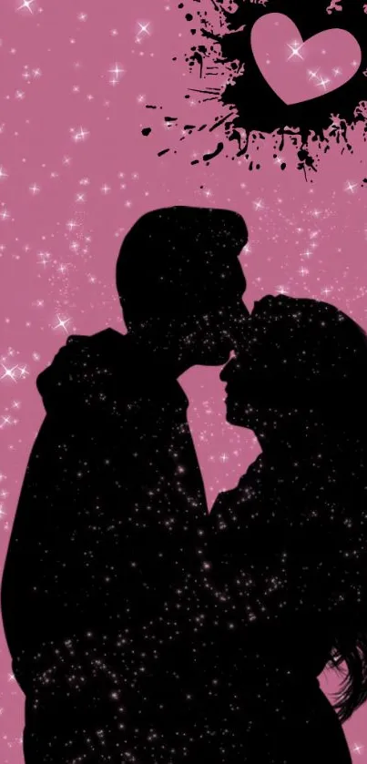 Silhouette of a couple kissing under a starry pink background with a heart above.