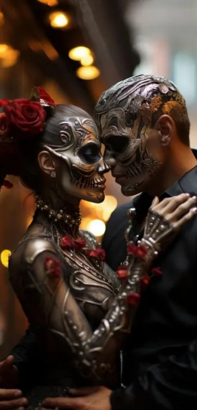 Romantic gothic couple with face paint embrace.