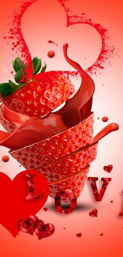 Red strawberry and chocolate love-themed wallpaper with hearts.
