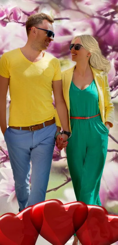 Romantic couple walking with flowers and heart backdrop.