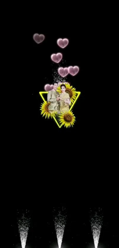 Romantic wallpaper with sunflowers and pink hearts on a black background.