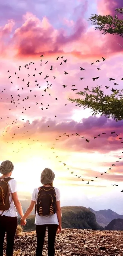 Couple holding hands at sunrise with flying birds in a pink and purple sky.