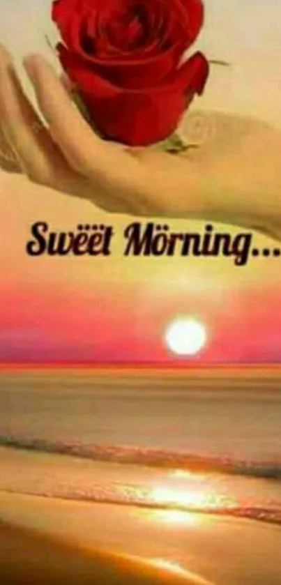 A red rose in hand at a serene sunrise beach scene with 'Sweet Morning' text.