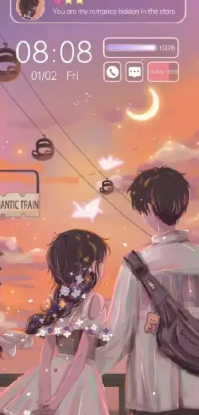 Romantic anime couple at sunset by train station in pastel hues.