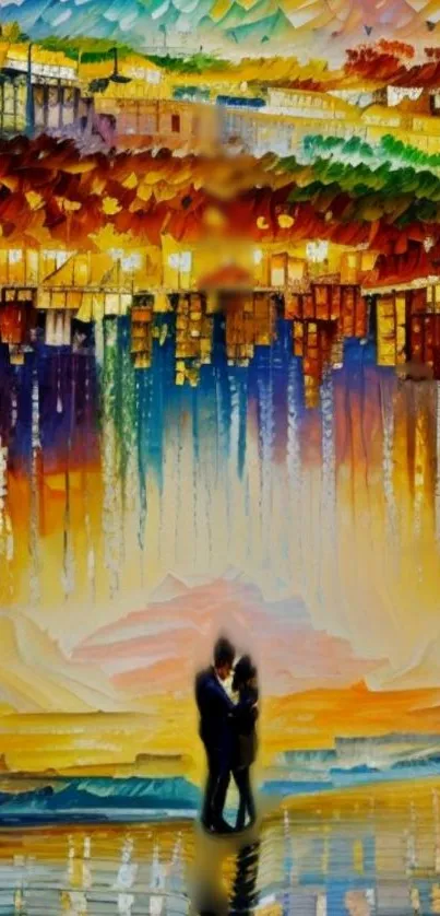 Romantic sunset art with vibrant colors and a couple silhouette.