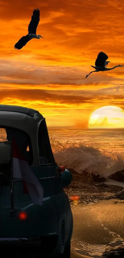 Romantic sunset drive with vintage car on beach.