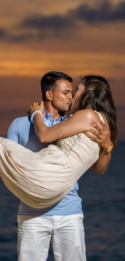 Couple embracing at sunset on the beach, capturing a romantic moment.