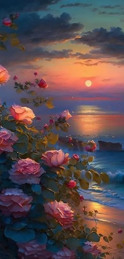 A mesmerizing sunset over a beach with vibrant blooming flowers in the foreground.
