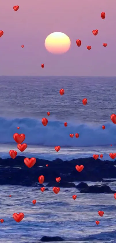 Romantic beach scene with sunset and floating hearts against an ocean backdrop.