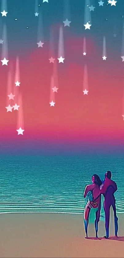 Romantic couple on beach at colorful sunset with ocean view.