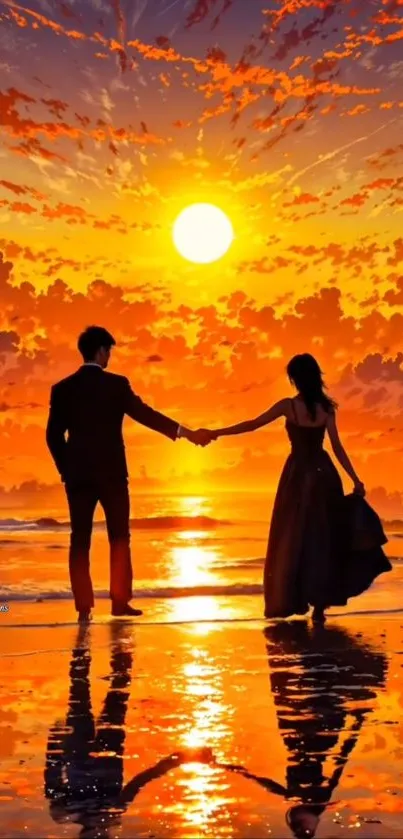 Couple's silhouette at beach sunset with vibrant colors.