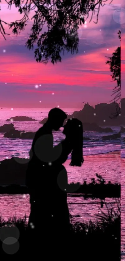 A romantic couple silhouette at sunset on a beach with vibrant purple skies.
