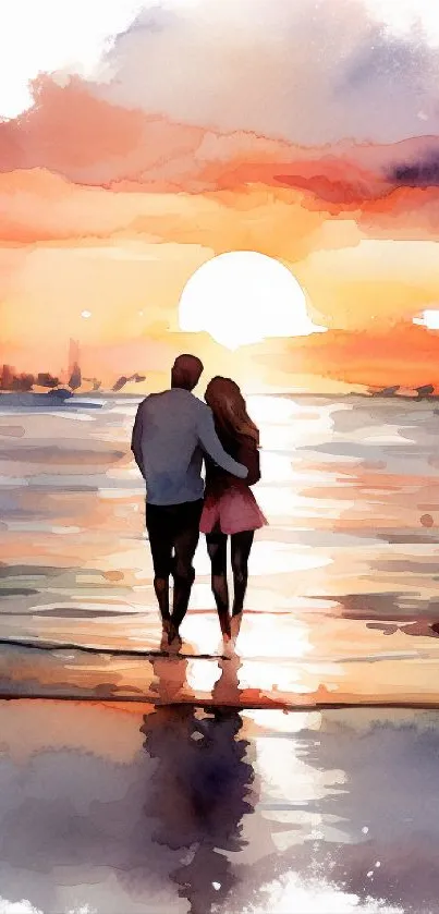 Romantic watercolor sunset over beach with embracing couple.