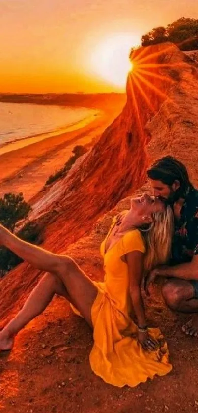 Romantic couple at sunset on a vibrant beach.