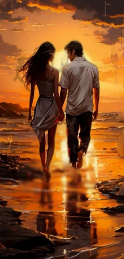 Couple walks on sunset beach with vivid orange hues and reflections.