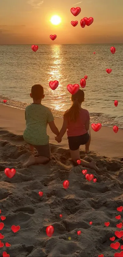 Romantic sunset beach scene with couple and floating hearts.