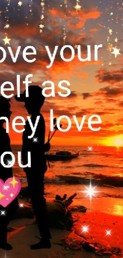 Silhouette of couple on a beach during a vibrant orange sunset with quote.