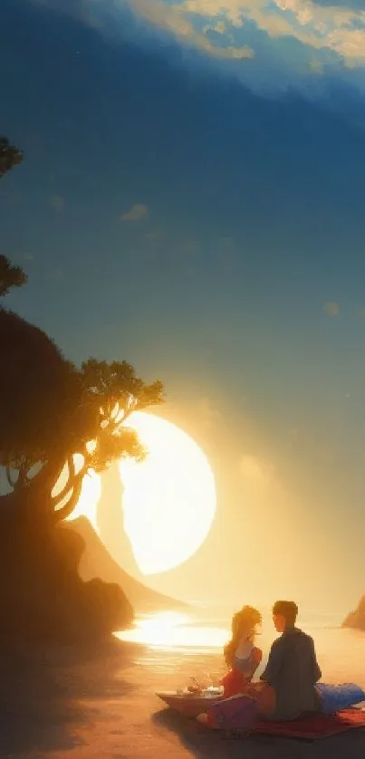 A romantic couple sits on a beach at sunset with a large glowing sun in the background.