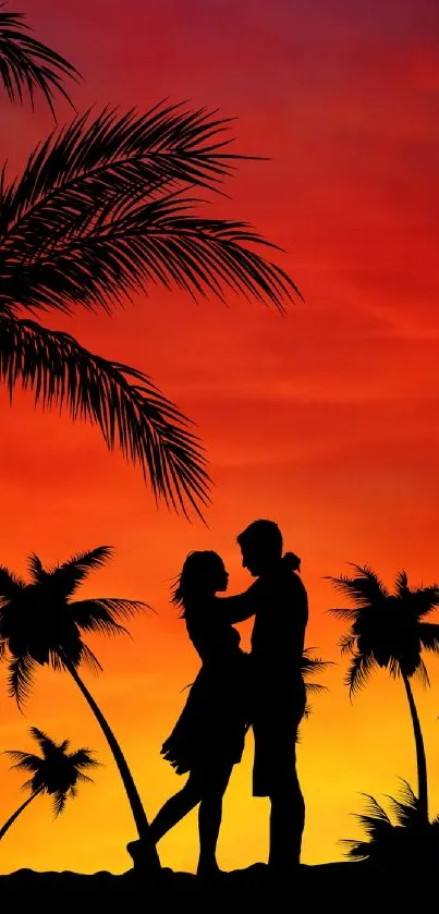 Silhouette of a couple with palm trees against a vibrant sunset beach background.