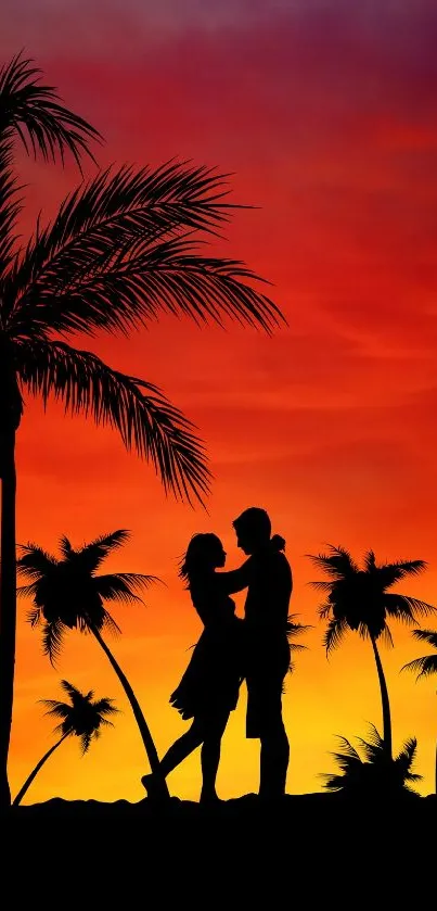 Silhouette of couple under palm trees at sunset beach.