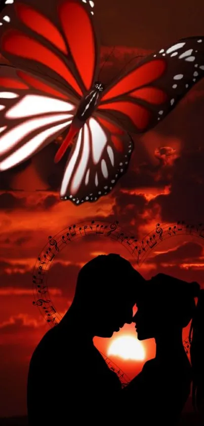 Romantic sunset with butterfly and couple silhouette.