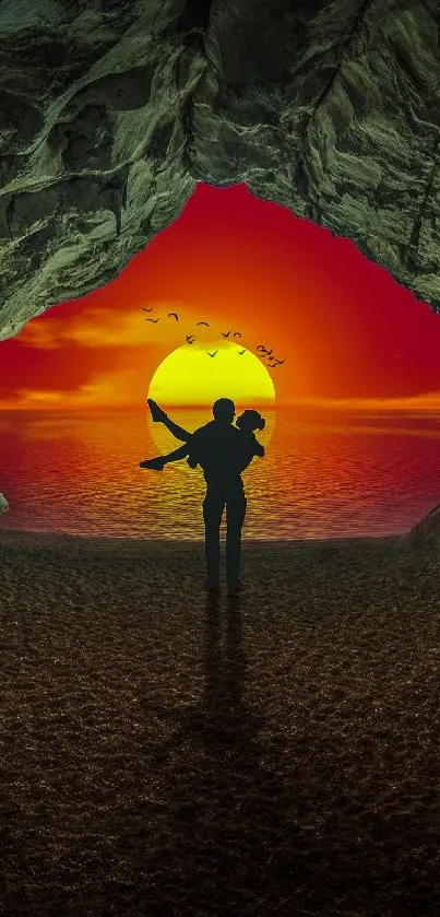 Silhouette of a couple in a cave during sunset.