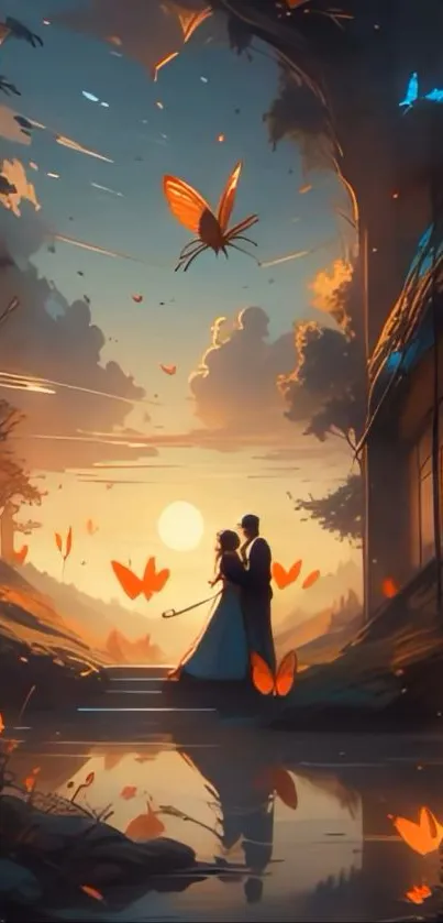 Romantic couple silhouette at sunset with butterflies and nature.