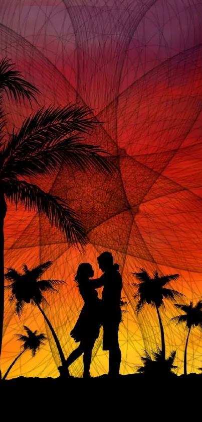 Silhouette of a couple at sunset with palm trees and artistic patterns.