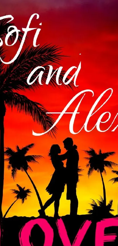 Romantic couple silhouette against a vibrant orange and pink tropical sunset.