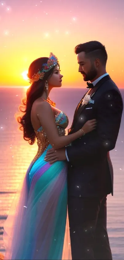Couple embraces at sunset with ocean view.