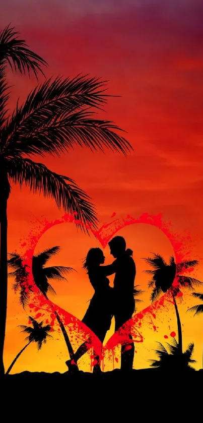 Romantic couple silhouetted by a tropical sunset with palm trees and heart backdrop.