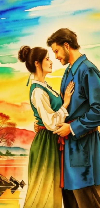 Couple in traditional attire by a lake at sunset, vivid scenic wallpaper.
