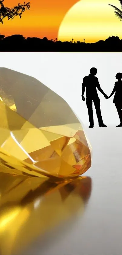 Romantic sunset with diamond and couple silhouette wallpaper.