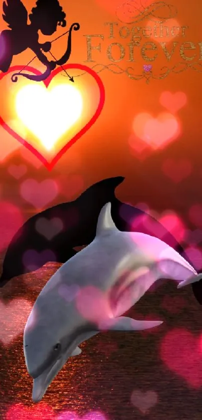Dolphins jumping with sunset and heart silhouette background.