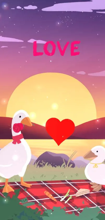 Two cartoon ducks in love at sunset by a lake.