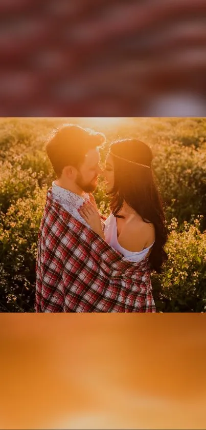 Couple embracing at sunset with warm golden tones.