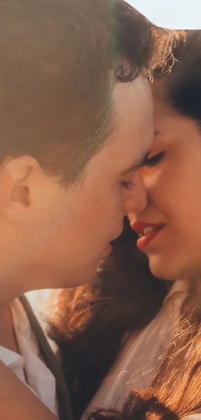Romantic couple sharing an intimate embrace at sunset.
