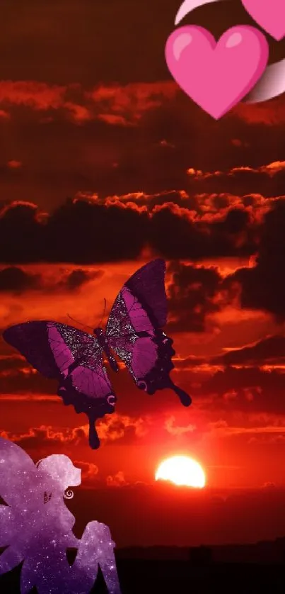 Sunset with fairy, hearts, and butterfly design.