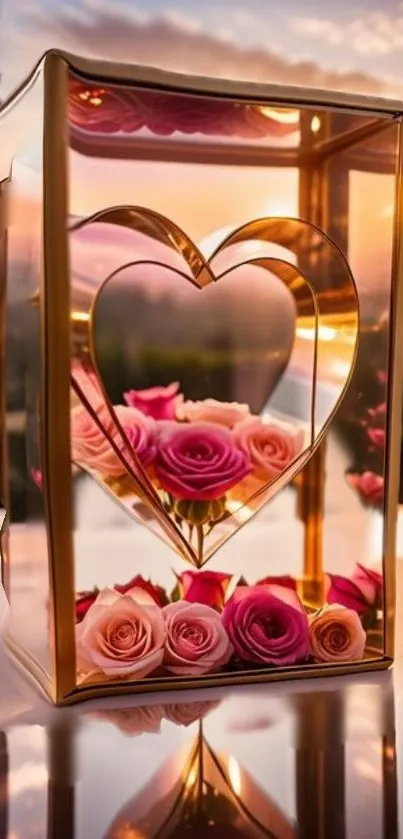 Golden heart with pink roses at sunset, perfect elegant wallpaper.