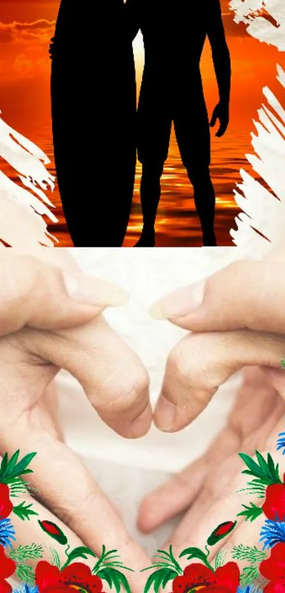 Mobile wallpaper with couple silhouette, heart hands, and floral border.