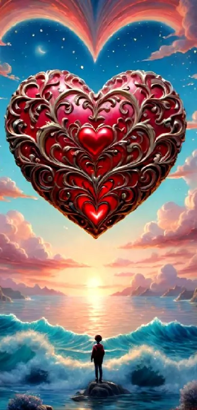 Surreal sunset with a red ornate heart over a tranquil ocean.