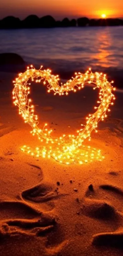 Heart-shaped lights on beach at sunset, romantic scene.