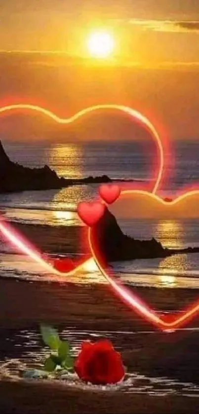 Romantic glowing hearts at a sunset beach.