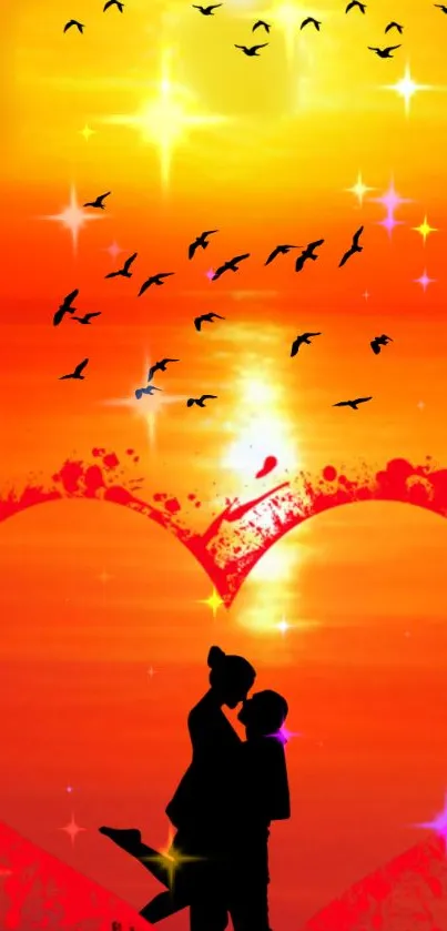 Silhouette of couple in heart at sunset with birds flying.