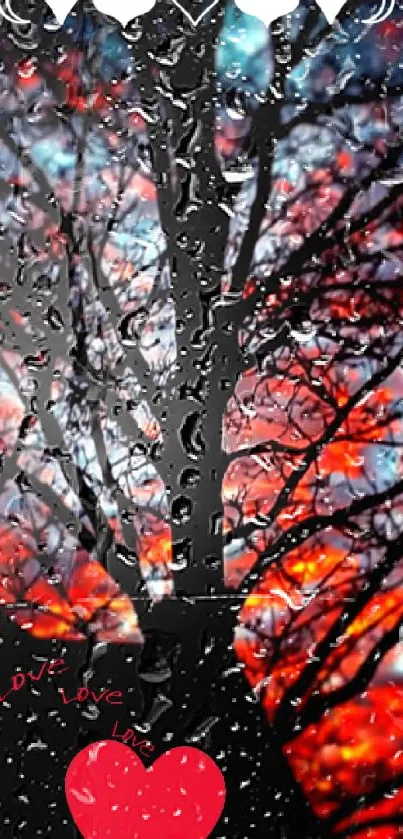 Silhouette of a tree with hearts at sunset.